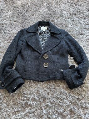 White House Black Market Black Cropped Tweed Blazer with Large Buttons